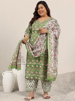 Extra love by Libas - Plus Size Women Green Floral Kurta with Salwar & Dupatta (Set of 3)