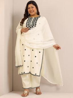Extra love by Libas - Woman Plus Size Off White Embroidered Kurta with Pant & Dupatta (Set of 3)
