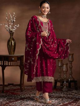 Libas - Maroon Floral Embroidered Straight Kurta with Pant & Dupatta (Set of 3)