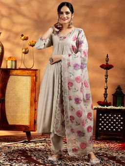 Libas - Beige Floral Embroidered Kurta with Pant & Dupatta (Set of 3)