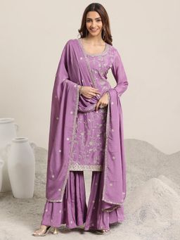 Libas - Lavender Floral Embroidered Kurta with Sharara & Dupatta (Set of 3)