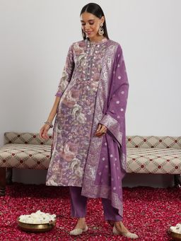 Libas - Purple Floral Printed Straight Kurta with Pant & Dupatta (Set of 3)