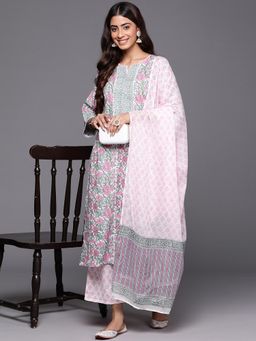 Libas - Pink Cotton Floral Printed Kurta with Palazzo & Dupatta (Set of 3)