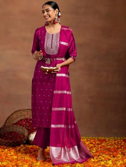 Libas - Pink Floral Embroidered Straight Kurta with Pant & Dupatta (Set of 3)