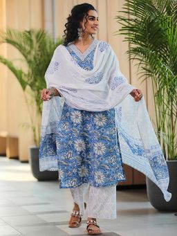 Libas - Blue Floral Printed Straight Kurta with Palazzo & Dupatta (Set of 3)