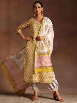 Libas - Yellow Floral Printed Straight Kurta with Salwar & Dupatta (Set of 3)