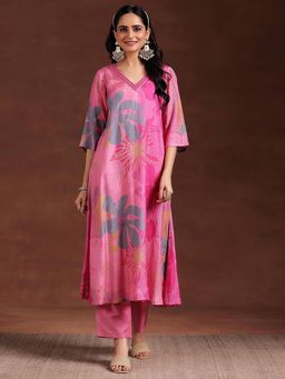 Libas - Pink Floral Printed A-Line Kurta with Pant (Set of 2)