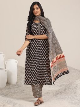Libas - Black Ajrakh Printed Straight Kurta with Palazzo & Dupatta (Set of 3)