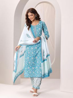 Libas - Blue Floral Printed Straight Kurta & Salwar with Dupatta (Set of 3)
