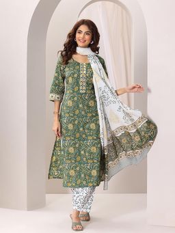 Libas - Green Floral Printed Straight Kurta & Salwar with Dupatta (Set of 3)