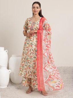 Libas - Off White Floral Printed Straight Kurta & Palazzo with Dupatta (Set of 3)