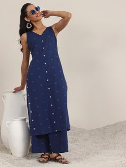 Libas - Blue Geometric Printed High-Slit Straight Kurta with Palazzo (Set of 2)