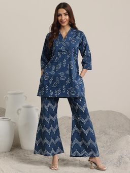 Libas - Blue Floral Printed Front Open Tunic with Palazzo (Set of 2)