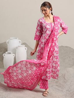 Libas - Pink Floral Printed Straight Kurta with Pant & Dupatta (Set of 3)