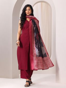 Libas - Maroon Woven Design Sleeveless Kurta with Palazzo & Dupatta (Set of 3)