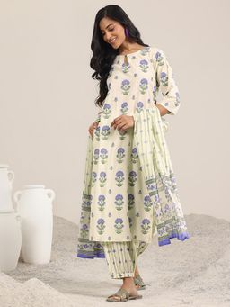 Libas - Off White Printed Straight Kurta with Salwar & Dupatta (Set of 3)