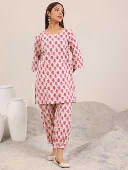 Libas - Pink Floral Printed Short Panelled Tunic with Salwar (Set of 2)