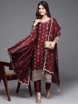 Libas - Maroon Embroidered Kurta with Pant & Dupatta (Set of 3)