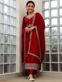 Libas - Maroon Zari Embroidered Anarkali Kurta with Pant & Dupatta (Set of 3)