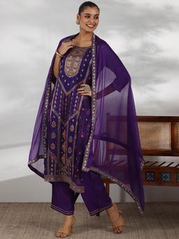 Libas - Purple Floral Woven Design Straight Kurta with Pant & Dupatta (Set of 3)