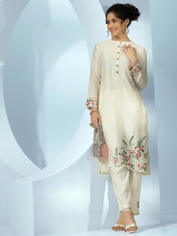 Libas - Off White Floral Embroidered Hem Kurta with Pant (Set of 2)