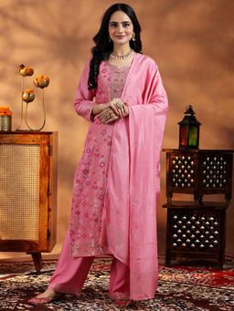 Libas - Pink Floral Woven Design Straight Kurta with Palazzo & Dupatta (Set of 3)