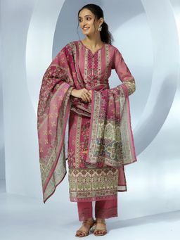 Libas - Mauve Floral Printed Straight Kurta with Pant & Dupatta (Set of 3)