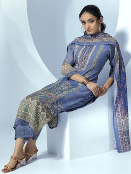 Libas - Blue Floral Printed Straight Kurta with Pant & Dupatta (Set of 3)