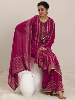 Libas - Pink Floral Printed Straight Kurta with Palazzo & Dupatta (Set of 3)