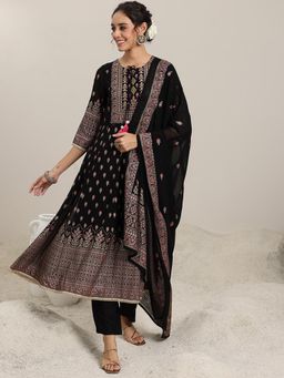 Libas - Black Floral Printed Anarkali Kurta with Pant & Dupatta (Set of 3)