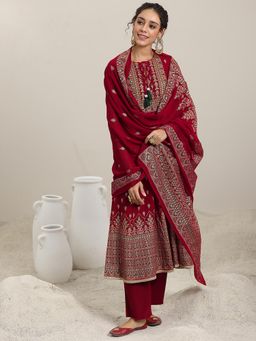 Libas - Red Floral Printed Anarkali Kurta with Pant & Dupatta (Set of 3)