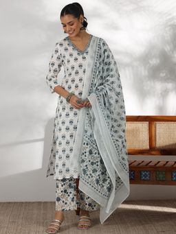 Libas - White Floral Printed Straight Kurta with Pant & Dupatta (Set of 3)