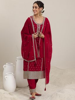 Libas - Red Zari Embroidered Straight Kurta with Pant & Dupatta (Set of 3)