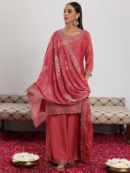 Libas - Pink Floral Zari Embroidered Kurta with Palazzo & Dupatta (Set of 3)