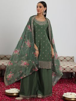 Libas - Green Floral Zari Embroidered Kurta with Palazzo & Dupatta (Set of 3)