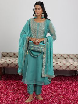 Libas - Sea Green Ethnic Motif Zari Kurta with Pant & Dupatta (Set of 3)