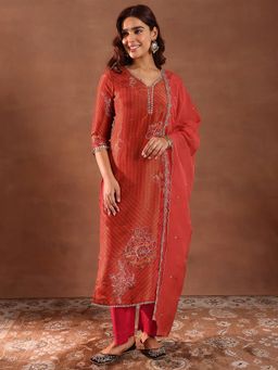 Libas - Rust Floral Printed Straight Kurta with Pant & Dupatta (Set of 3)