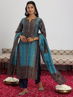 Libas - Blue Bandhani Printed Straight Kurta with Pant & Dupatta (Set of 3)