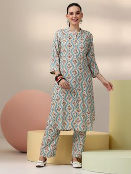 Libas - Blue Floral Printed Long Kurta with Pant (Set of 2)