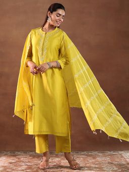 Libas - Mustard Floral Embroidered Kurta with Pant & Dupatta (Set of 3)