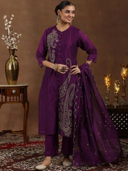 Libas - Purple Paisley Embroidered Kurta with Pant & Dupatta (Set of 3)