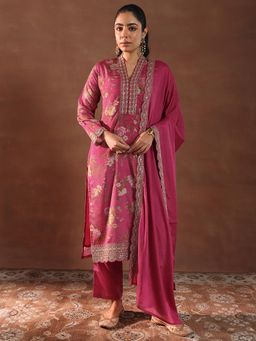 Libas - Pink Floral Printed Straight Kurta with Pant & Dupatta (Set of 3)
