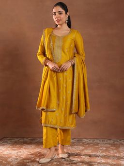 Libas - Mustard Floral Embroidered Straight Kurta with Pant & Dupatta (Set of 3)
