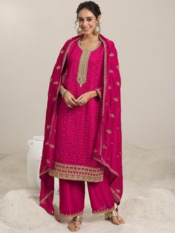 Libas - Pink Sequinned Embellished Straight Kurta with Palazzo & Dupatta (Set of 3)
