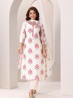 Libas - Off White Floral Printed Straight Kurta with Pant & Dupatta (Set of 3)