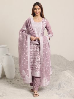 Libas - Mauve Floral Woven Design Straight Kurta & Pant with Dupatta (Set of 3)