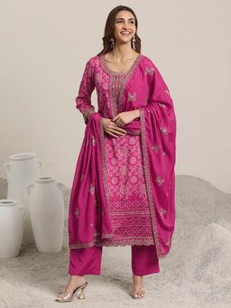 Libas - Pink Bandhani Printed Straight Kurta & Pant with Dupatta (Set of 3)