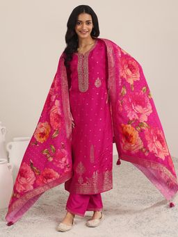 Libas - Pink Floral Straight Kurta with Pant & Dupatta