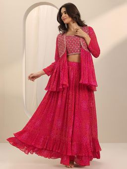 Libas - Pink Bandhani Printed Top with Attached Jacket & Layered Skirt (Set of 2)