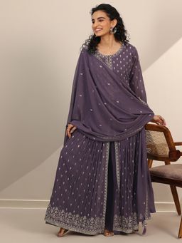 Libas Art - Grey Zari Floral Motif A-Line Kurta with Palazzo & Dupatta (Set of 3)
